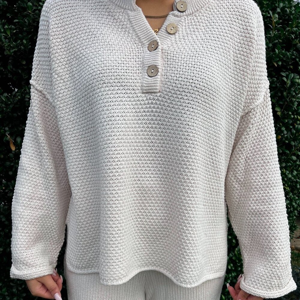Women's Cream Colored Waffle Knit Sweater with Buttons in Size Small